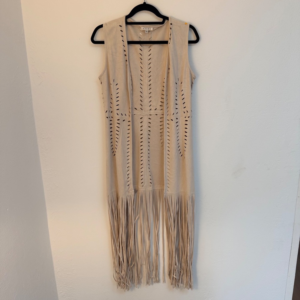 Adore Women S Tan Faux Suede Laser Cut Long Fringe Vest Boho‎ Western Festival